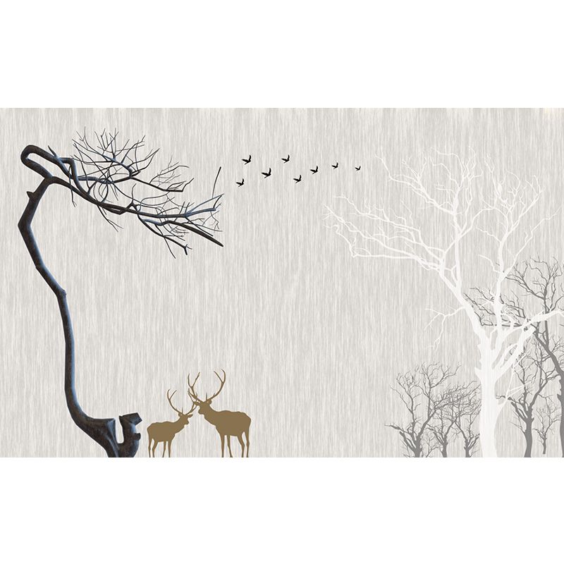 Whole Nordic Style Mural Wallpaper Grey Deer and Naked Trees Wall Covering, Personalized Size