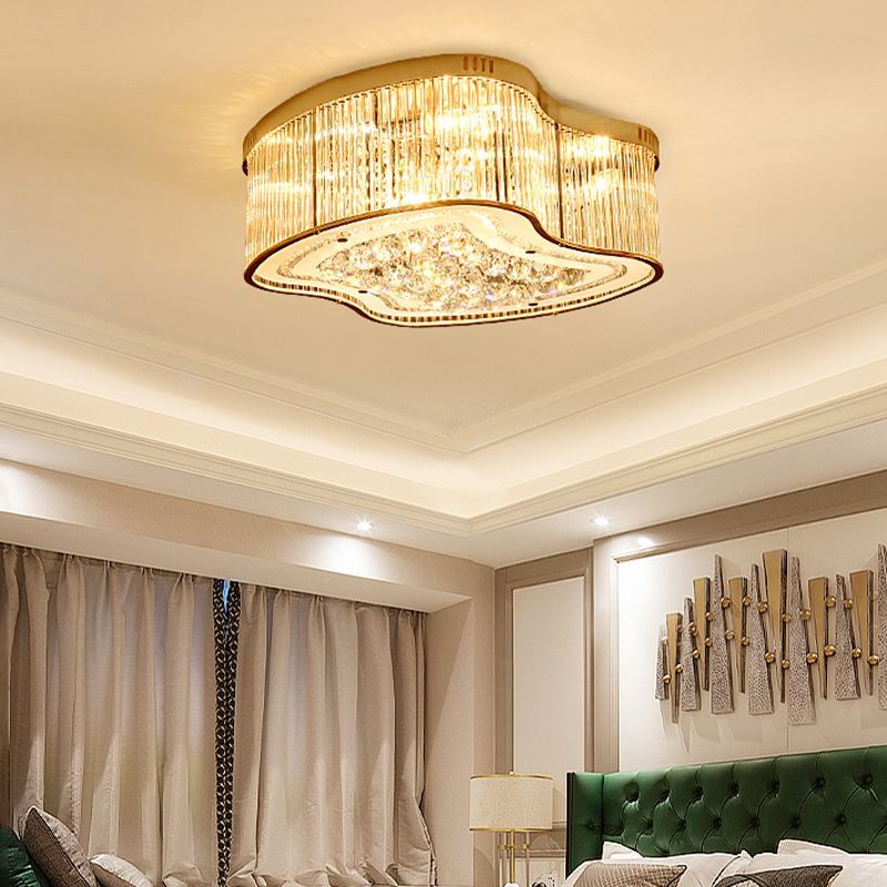 Plafonnier à tige en cristal géométrique, luminaire de plafond doré à 4 têtes, modernisme