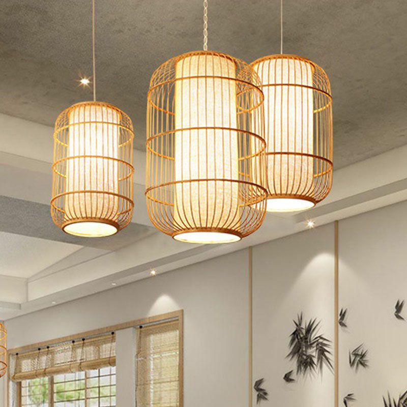 Oval Hanging Ceiling Lantern Chinese Bamboo Single Wood Pendant Lamp with Shade Inside