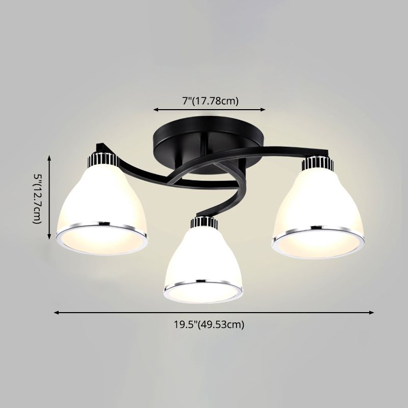 Modern Bell Shaped Flush Lamp White Glass Living Room Semi Flush Ceiling Light in Black