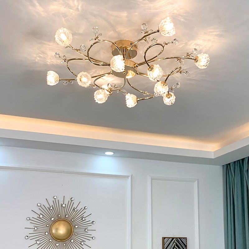 Lampe semi-affleurante en métal doré, éclairage de plafond traditionnel pour chambre à coucher avec abat-jour en verre fleuri