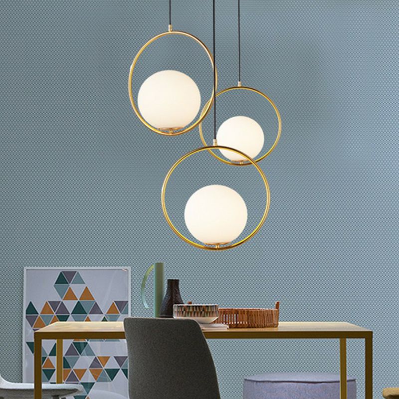 White Glass Spherical Hanging Lamp Post-Modern 1 Head Pendant Light with Metal Ring in Brass