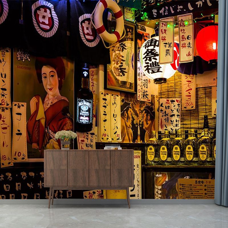 Japanese Poster Mural Wallpaper in Red and Brown, Oriental Wall Covering for Restaurant