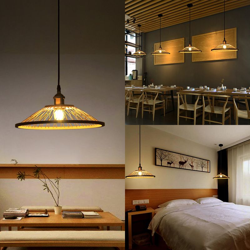 Asian Stylish Dome/Saucer Pendant Hanging Lamp Bamboo 1 Head Ceiling Light in Beige for Dining Room