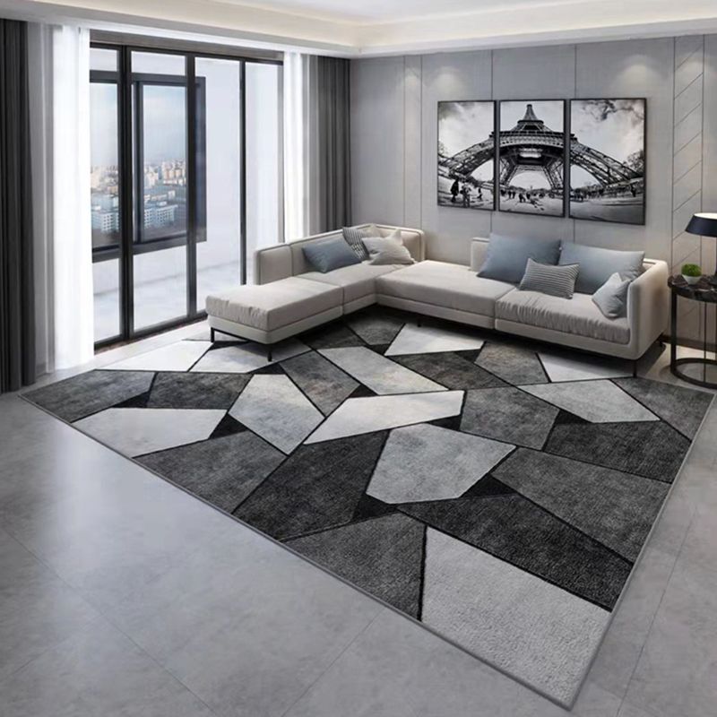Grey Tone Geometric Splicing Rug Polyester Carpet Casual Non-Slip Backing Indoor Rug for Living Room