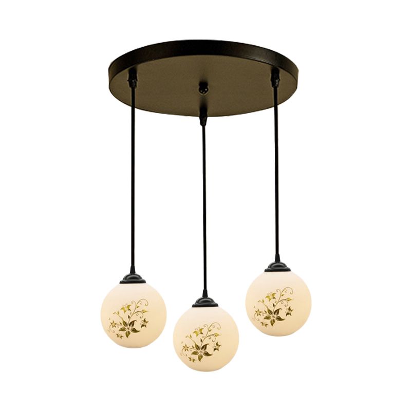 Black Sphere Multi Ceiling Lamp Modernism White Printing Glass 3-Light Dining Room Pendant with Round/Linear Canopy