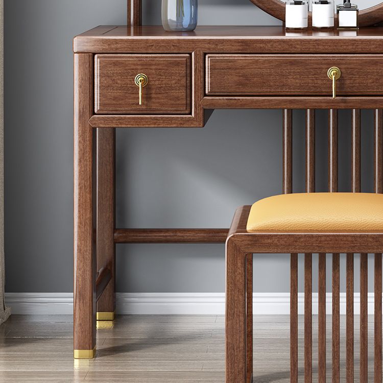 Traditional 3 Drawers Walnut Wood Mirrored Makeup Table Desk Vanity in Brown
