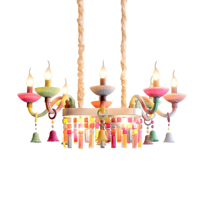 Glass Candle Suspension Light with Little Bell Kid Bedroom Kids Modern Colorful Chandelier