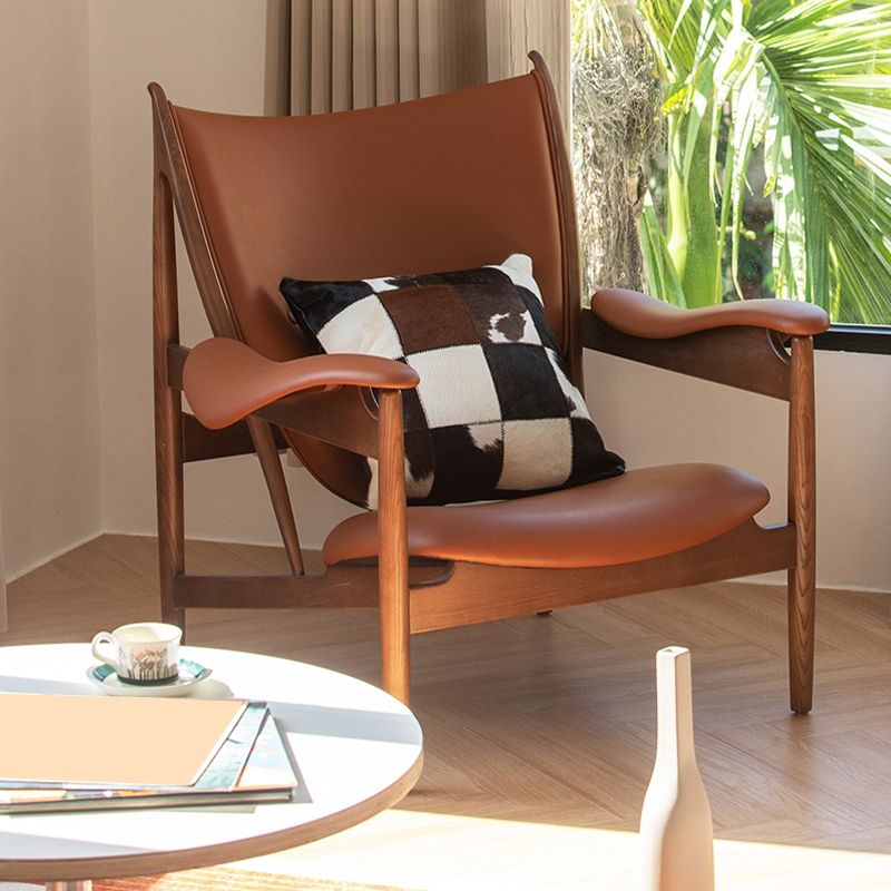 Traditional Living Room Accent Armchair Genuine Leather Brown Accent Armchair