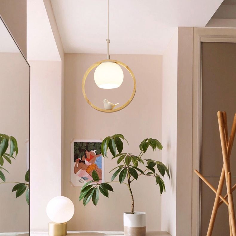 Dome Shade White Glass Pendant Nordic Style Wood Suspension Light with Ring and Bird