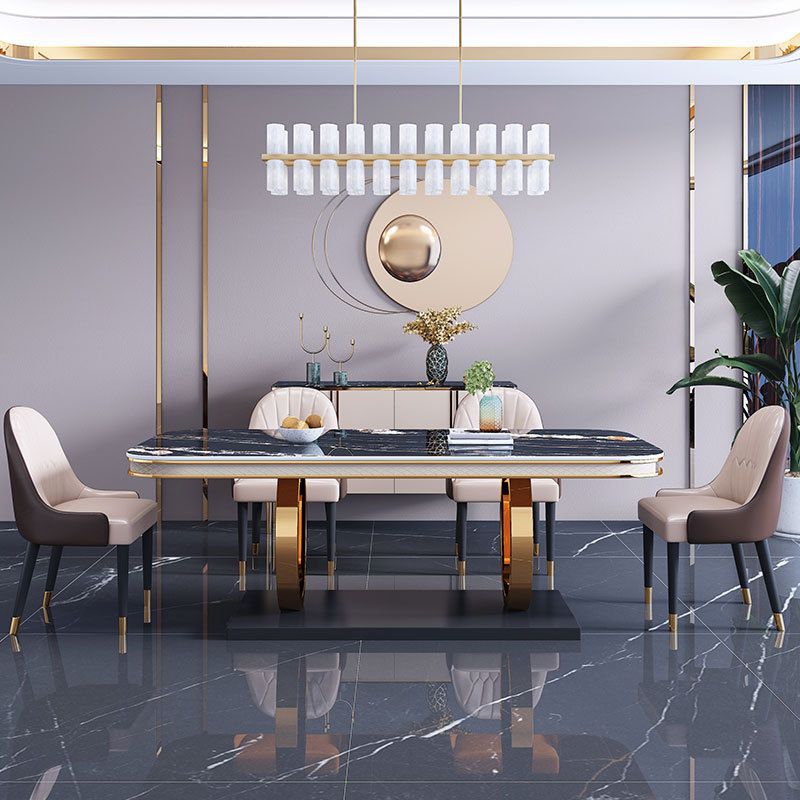 Stone Top Dining Table Traditional Luxury Table with Pedestal Base in Gold