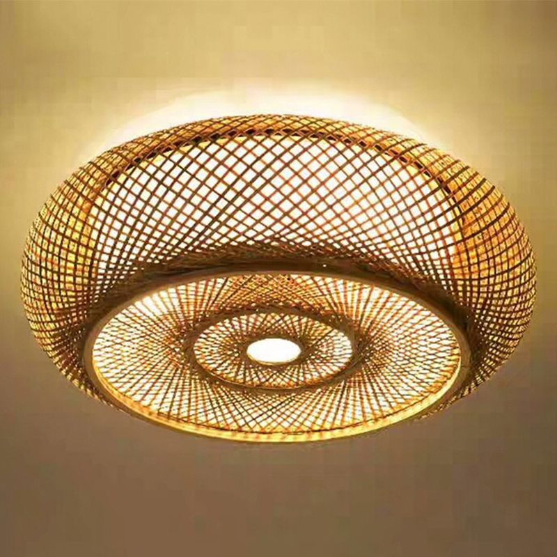 Japanese Style Bamboo Flush Mount Drum Shape Beige Flush Mount Ceiling Fixture for Living Room