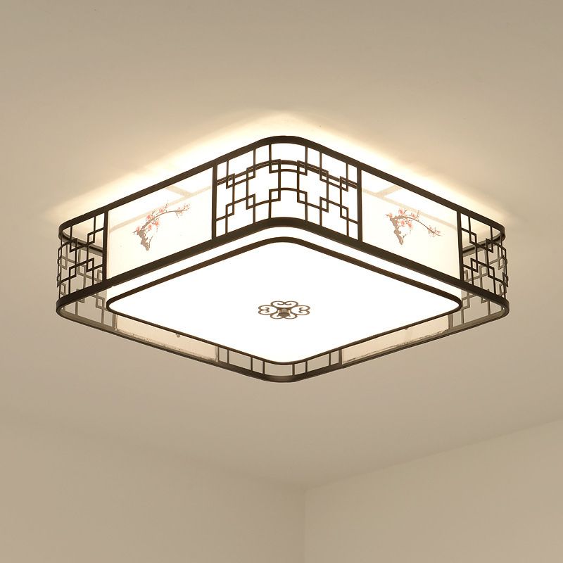 Noir 5-Fixation du plafond de la lumière dans le style traditionnel Concise en fer forgé Geometric Flush Mount with Embroidered Fabrics Shade