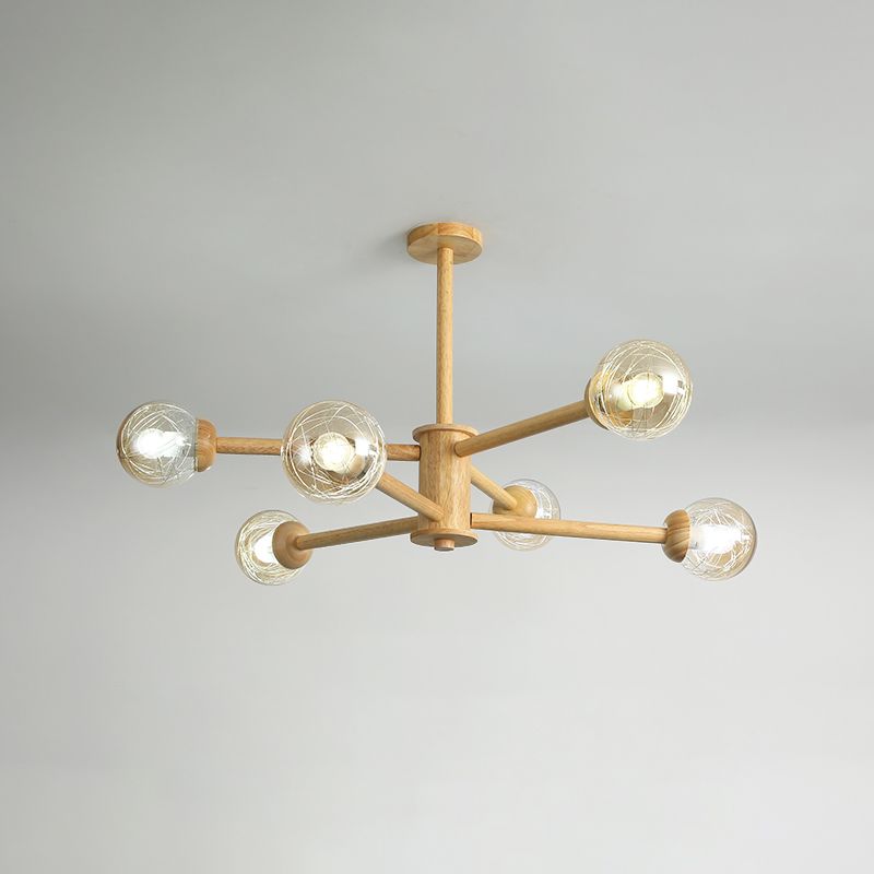 Globe Wood Chandelier Lighting Fixtures Modern Multi-Head Beige Chandelier Lamp with Glass Shade