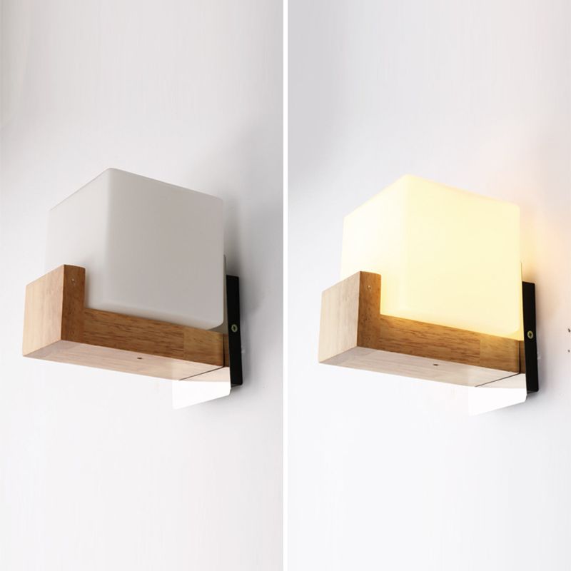 Modern Simplicity Single Light Square Wall Lamp Wood Bedroom Living Room Wall Mount Lighting
