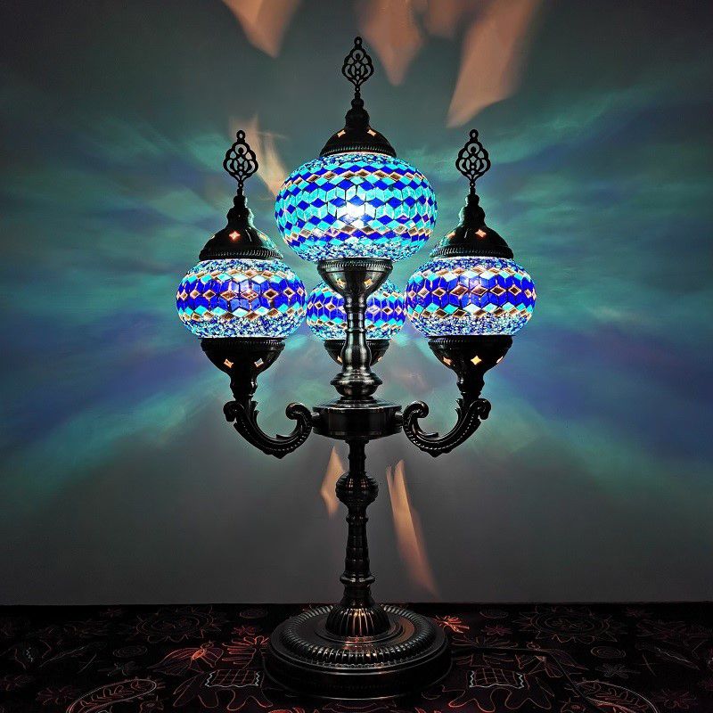 Stained Glass Candelabra Task Lamp Traditional 4 Lights Bedside Nightstand Lamp in Yellow/Orange/Blue