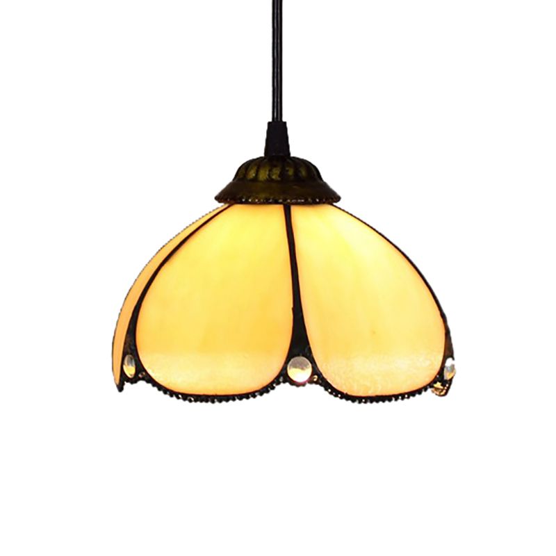 Amber Glass Scalloped Hanging Lamp Tiffany 1 Bulb Beige Ceiling Pendant for Entry