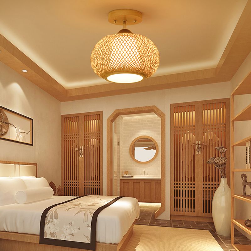 10 "/14" /16 " Lantern Wide Lantern Semi Flush Mount Traditional Bamboo Wood 1 Bulb Flush Mount Ceiling Fixture