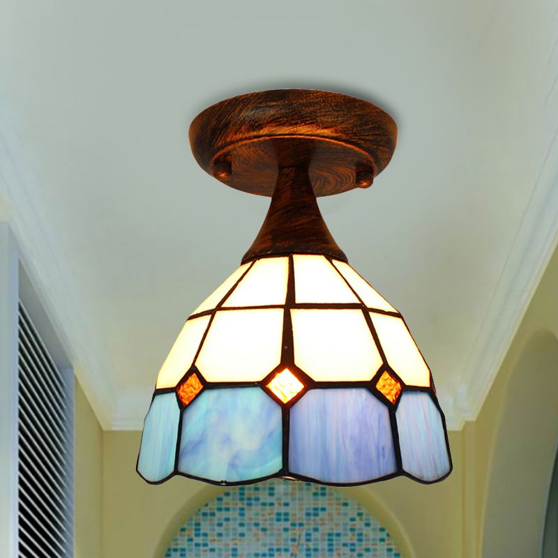 Mini Semi Flush Light with Stained Glass 1 Light Mediterranean Ceiling Light in Blue for Corridor