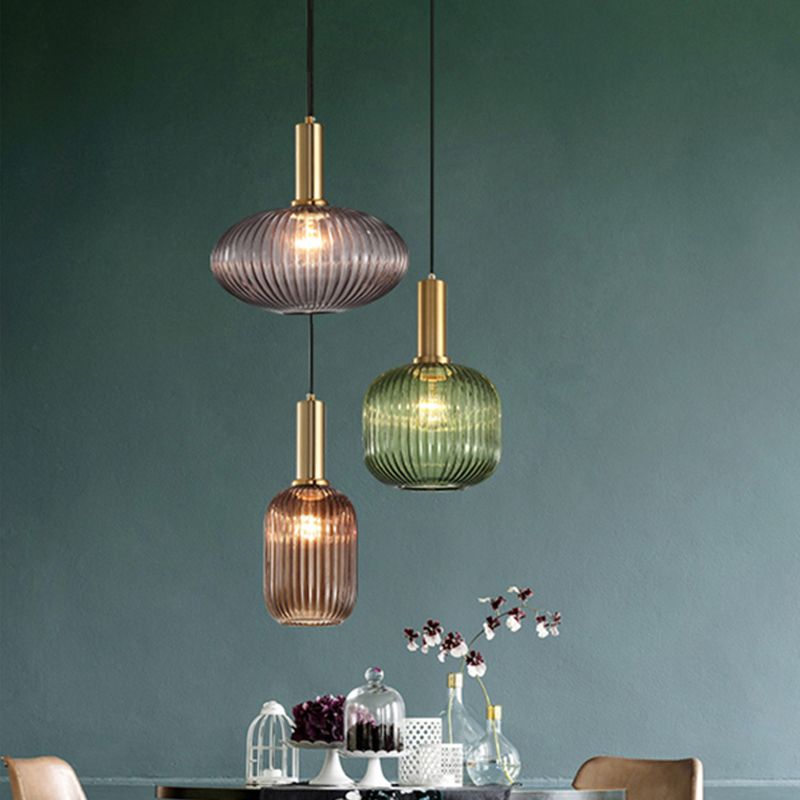 Modern Bottle Shaped Hanging Light Ribbed Glass 1 Bulb Dining Room Pendant Lighting Fixture