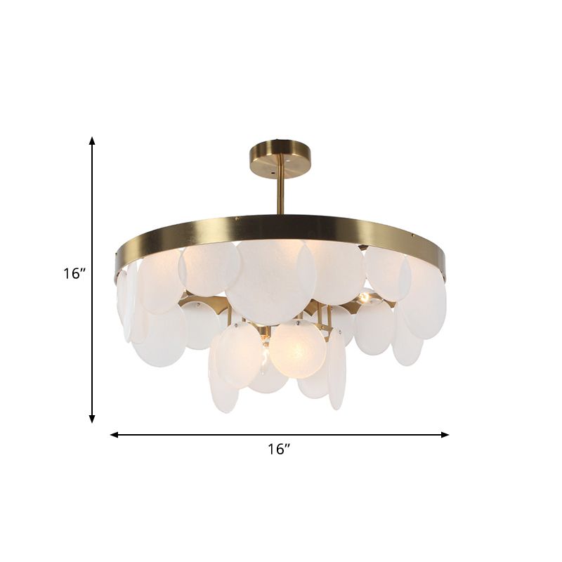 Post-Modern Circle Panel Semi Flushmount White Glass 6 Bulbs Bedroom Ceiling Flush Mount in Brass with Ring Design