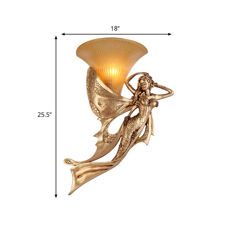 Golden Mermaid Wall Mounted Lamp Vintage Style Resin 1 Bulb Bedside Wall Sconce with Bell Amber Glass Shade, Left/Right