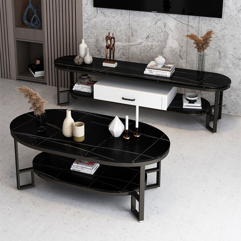 Glam Slate Oval Coffee Table Frame Coffee Table with Storage