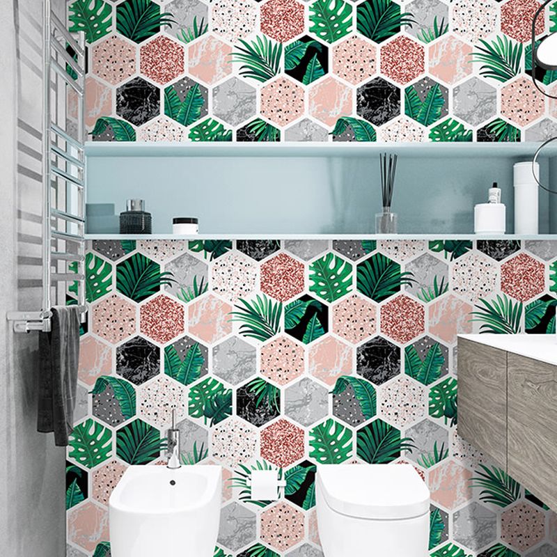 Tropical Plant Leaf Print Wallpaper Roll Green Honeycomb Wall Art for Kitchen, Stick On