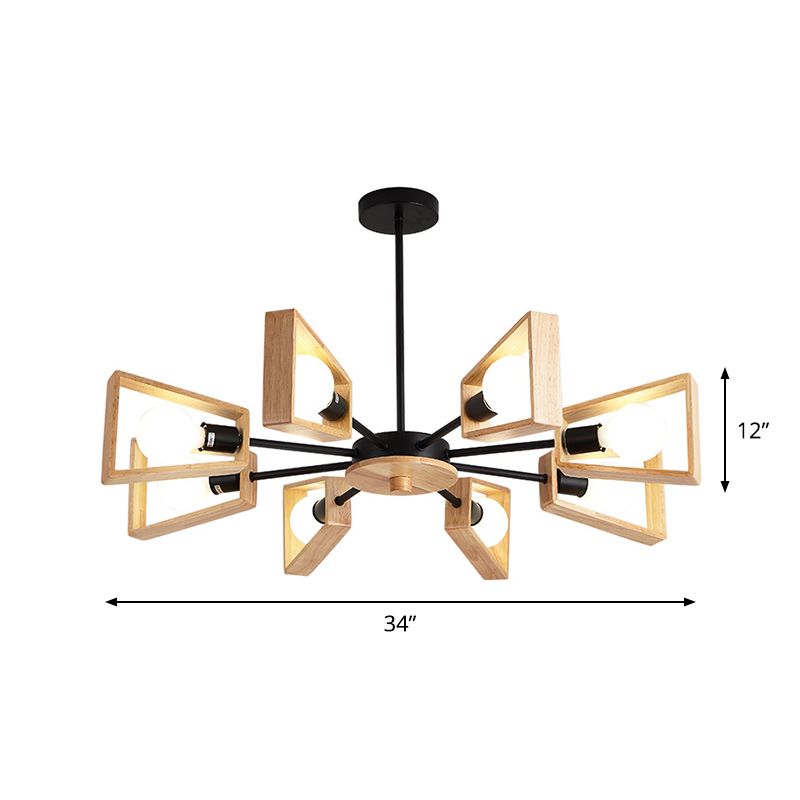 Lampada a sospensione a cornice trapezoide in legno modernista lampadario a soffitto nero a 8 teste con design radiale