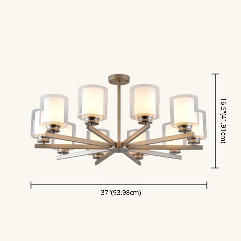 Double-layer Glass Shade Chandelier Lighting Fixture Traditional Style Cylindrical Pendant Hanging Light in Champagne Silver