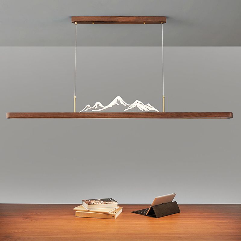 Modern Wood Ceiling Light Linear Shape Island Light with Plastic Shade for Living Room