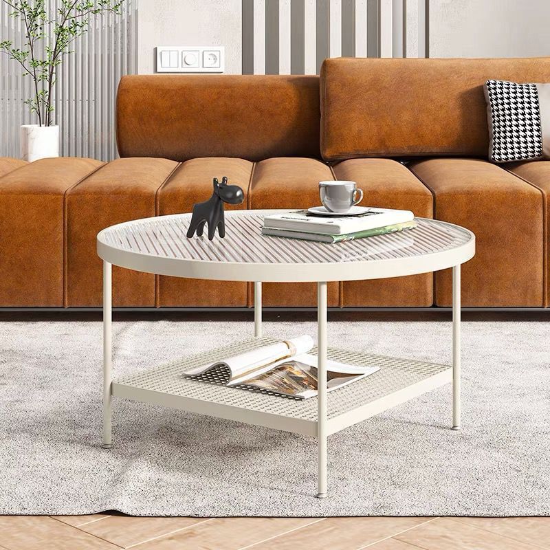 Modern Glass Top Cocktail Table with 4 Steel Legs and Storage Shelf