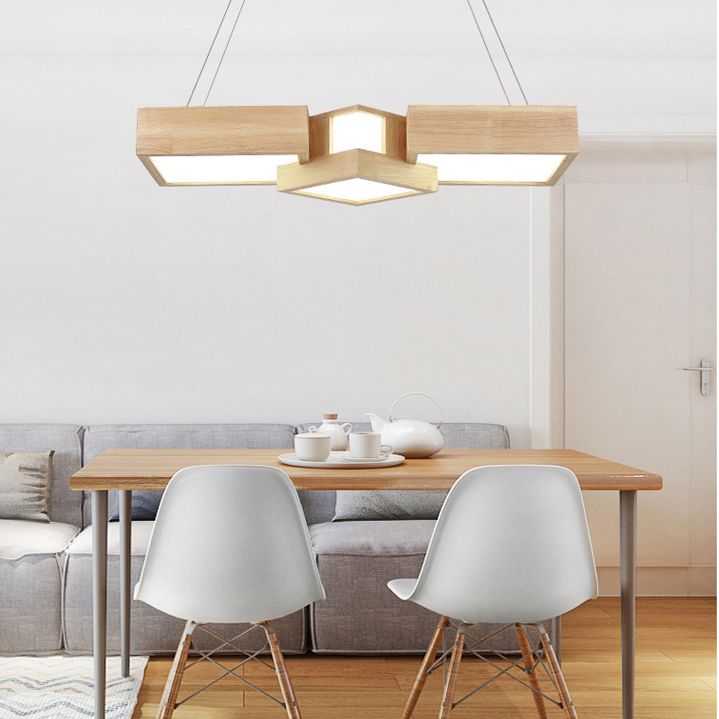 Wooden Square Island Lighting Fixture Modern Style LED Wood Hanging Ceiling Light