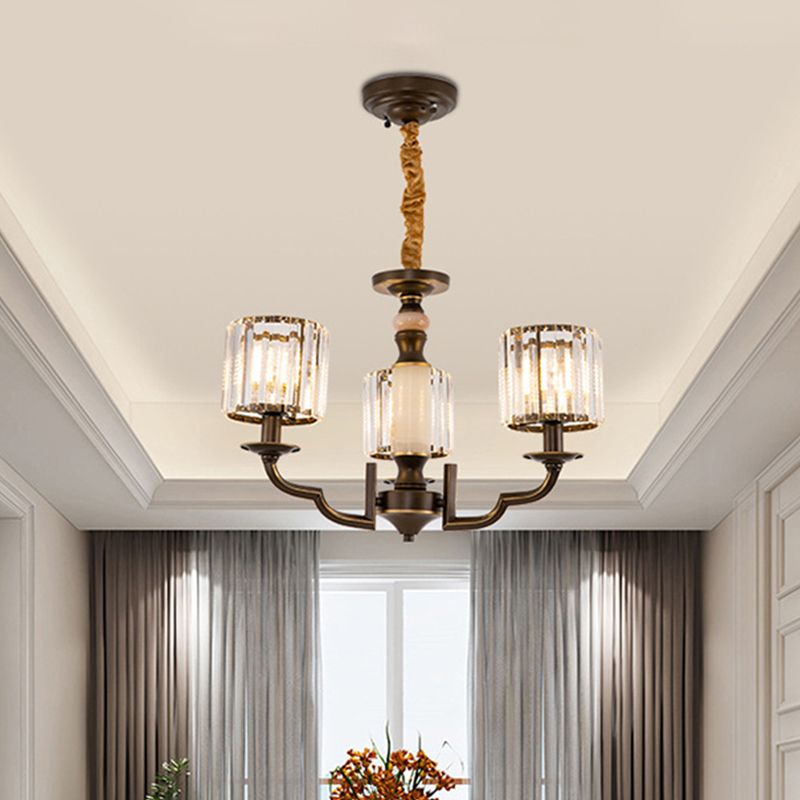 Cilindrische slaapkamerhangophangarm van traditionele kristal 3/6 bollen zwart plafond kroonluchter hanger