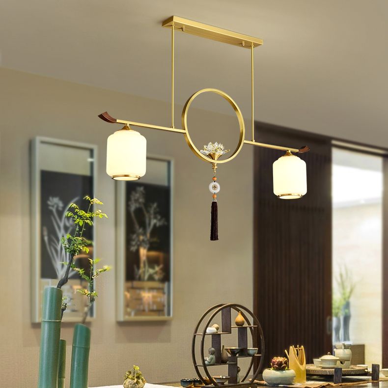 Modern Style Cylindrical Shape Island Lights White Glass 2-light Island Lighting in Gold