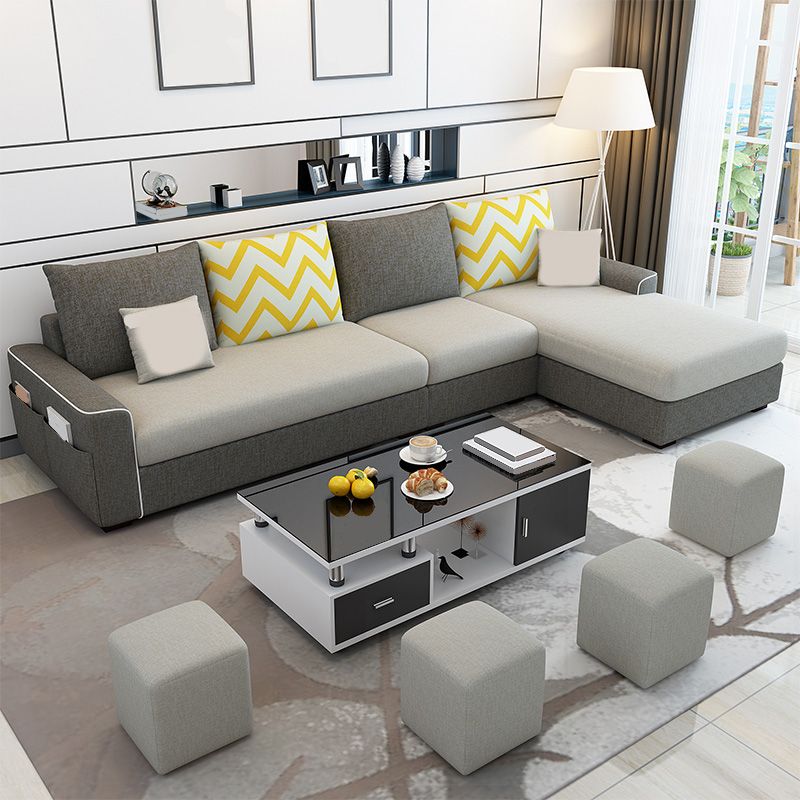 L-Shape Linen Blend Square Arm Sectional with Slipcovered and Storage