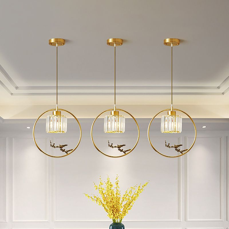 1-Light Crystal Cylinder Down Lighting Modern Gold Circle Dining Room Suspension Pendant with Decorative Bird/Dragonfly