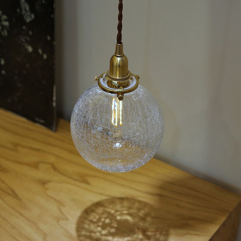 1-Bulb Clear Crackle Glass Drop Pendant Minimalist Brass Ball Washroom Suspended Lighting Fixture