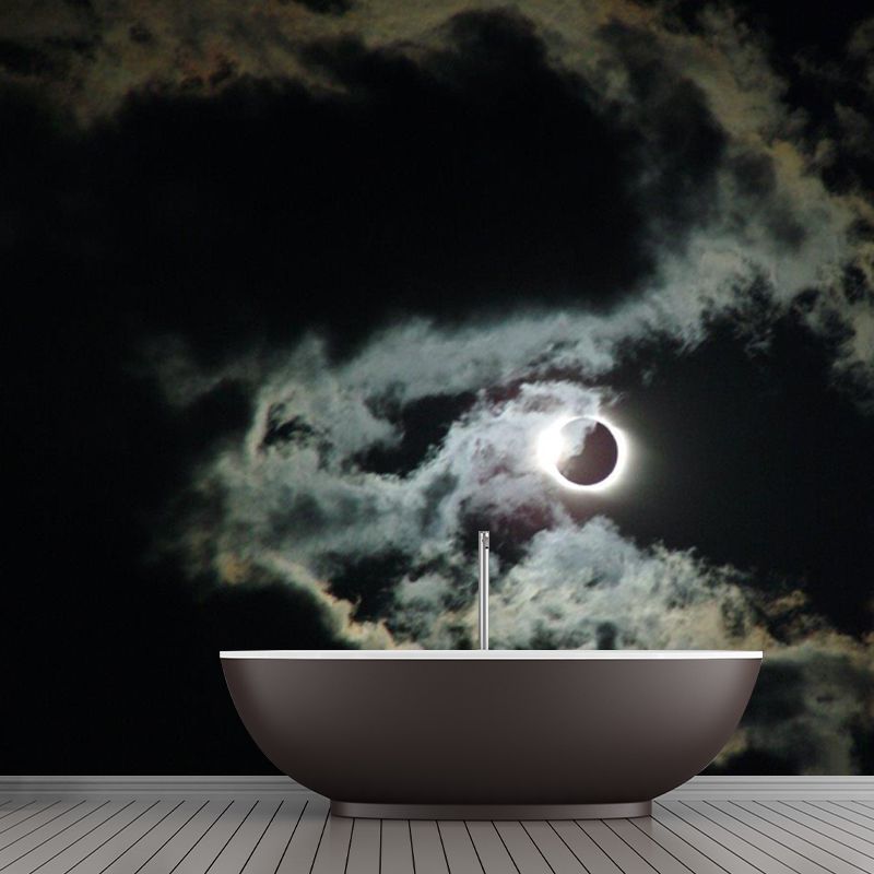 Non-Woven Washable Mural Modern Cloud and Full Moon Night Wall Decor in Black-White
