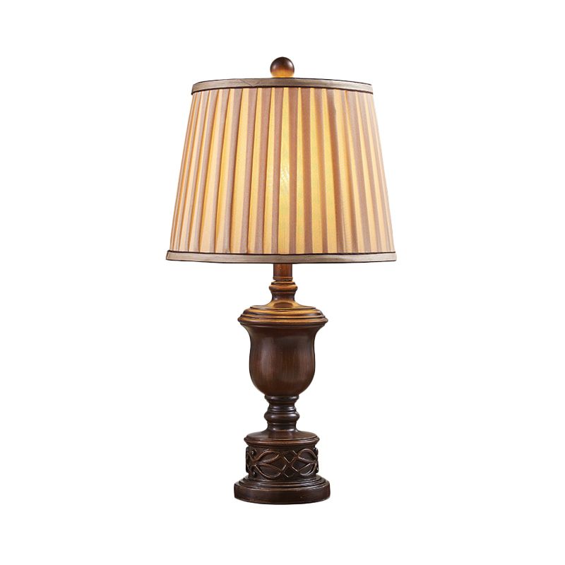 1 lámpara de mesa de luz con tono de tela plisado lámpara de mesita de noche antigua con base de madera marrón