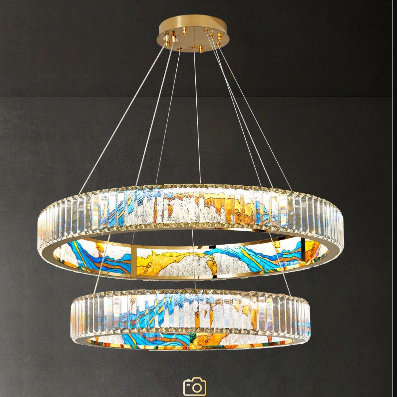 K9 Crystal Ring Shaped Chandelier Novelty Modern Gold LED Pendant Lamp with Abstract Print