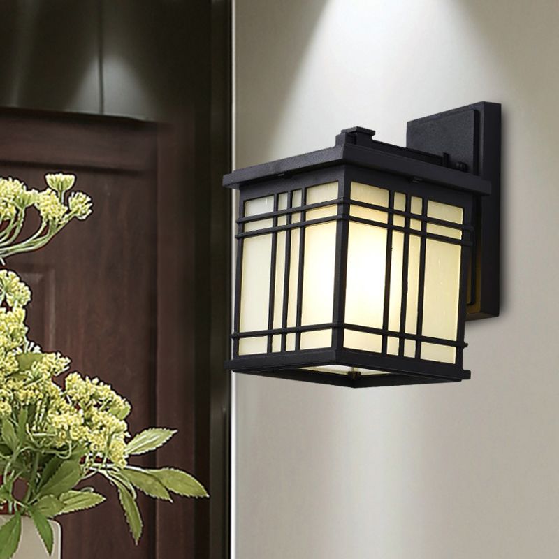 1 Bulb Open Bottom Wall Sconce Rustic Black Aluminum Wall Mount Light with Opal Glass Shade