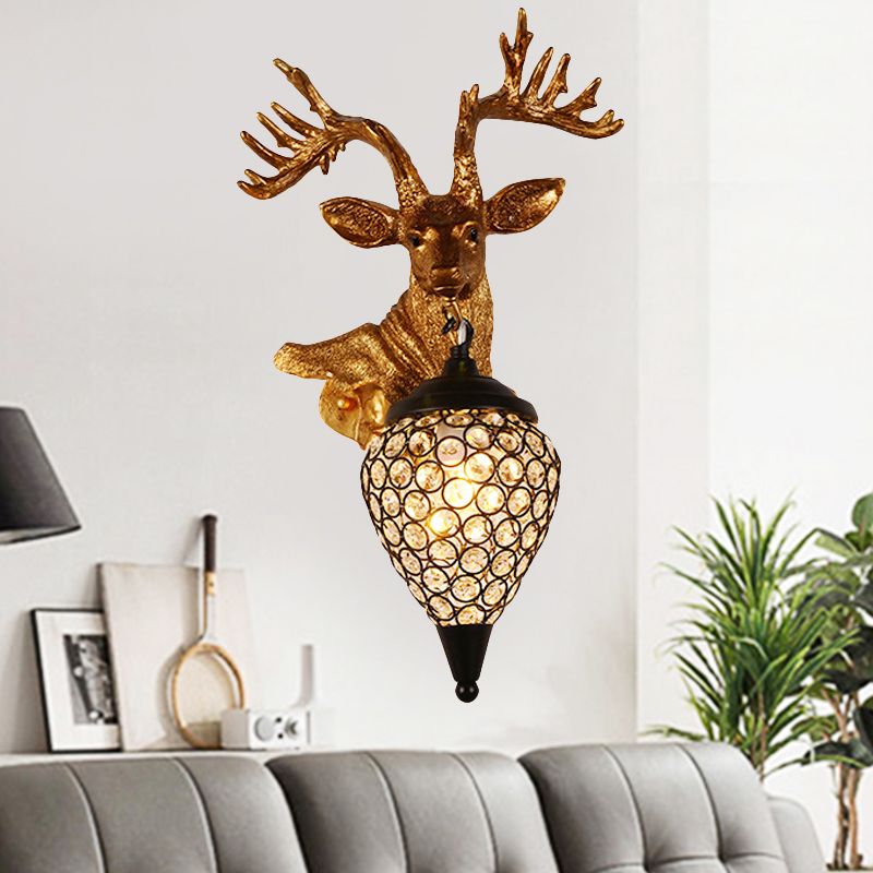 Sika Deer Head Dinette Sconce Ideas Countryside Resin Single Gold Wall Lamp Fixture with Teardrop Crystal Shade, Left/Right