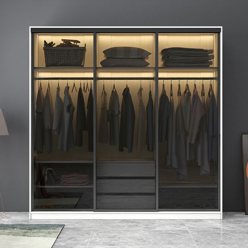 White Wardrobe with Grey Glass Doors Modern Storage Cabinet for Bedroom