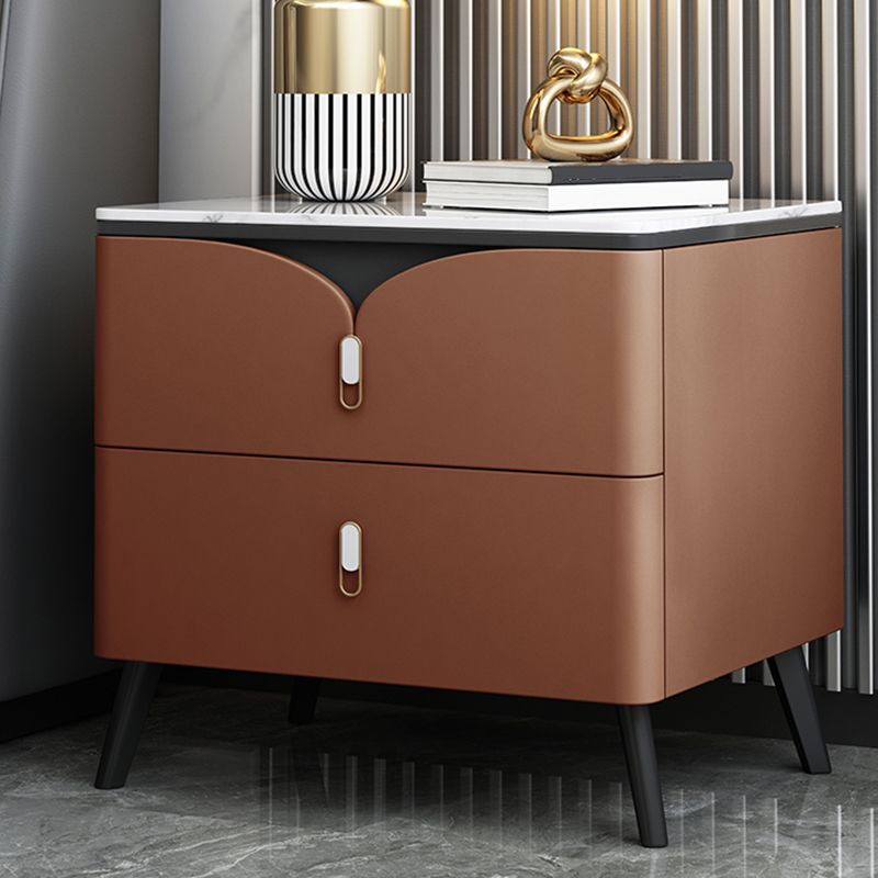 18 Inch H Night Table Modern Solid Wood 2-Drawer Stone Top Faux Leather Nightstand