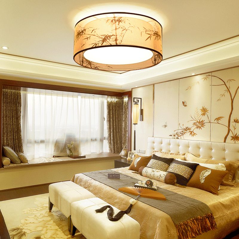 Printed Fabric Shade Flush Mount Country Style Sitting Room Ceiling Flush Light with Acrylic Diffuser