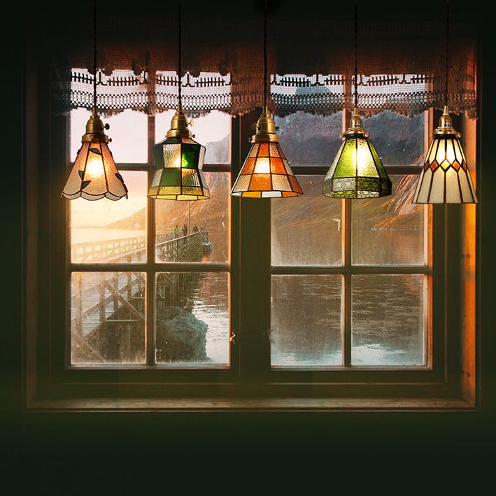 Stained Glass Shade Tiffany Hanging Light Brass Bedroom Mini Pendant Lamp with 63" Hanging Wire