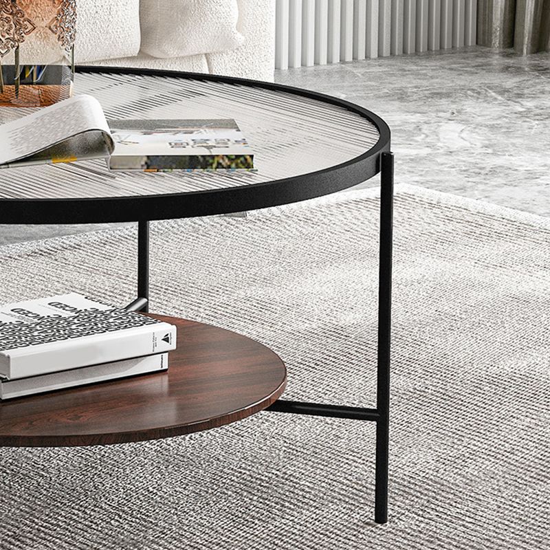 17.7" H Round Glass Top Coffee Table Steel 4 Legs Cocktail Table with Shelf