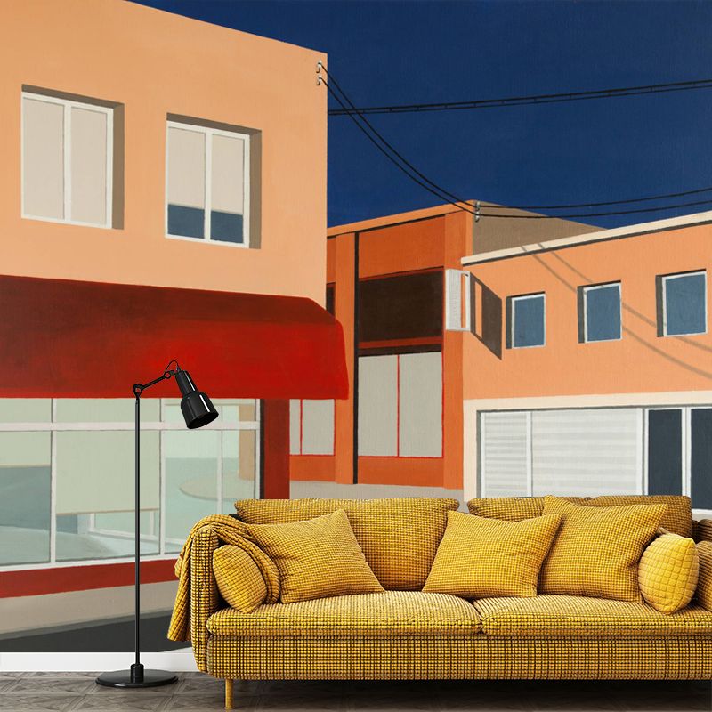 Artistic Empty Street Mural Wallpaper Blue-Brown Waterproofing Wall Decor for Living Room