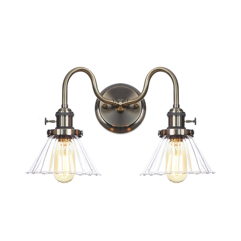 Amber/Clear Glass Diamond/Ball Wall Light Factory 2 Bulbs Living Room Wall Mounted Lighting with Undulated Arm in Bronze